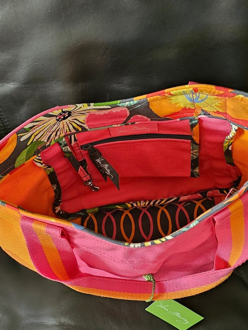 Vera Bradley Hot Pink & Orange Canvas Tote with Floral Trim NWT - Picture 9 of 16
